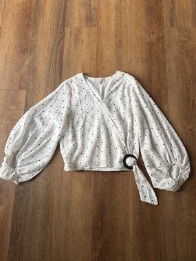 The LINE of style White Polka Dot Wrap Blouse with Balloon Sleeves Size M